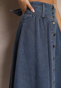 Renee - Granatowa Jeansowa Spódnica Maxi z Guzikami z Bawełny Rachellia. Kolor: niebieski. Materiał: bawełna, jeans
