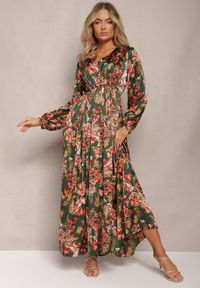 Renee - Zielono-Różowa Rozkloszowana Sukienka Długa z Plisami w Kwiatowy Print Toada. Okazja: na co dzień. Typ kołnierza: dekolt w kształcie V. Kolor: zielony. Wzór: kwiaty, nadruk. Typ sukienki: rozkloszowane. Styl: klasyczny, casual. Długość: maxi #5