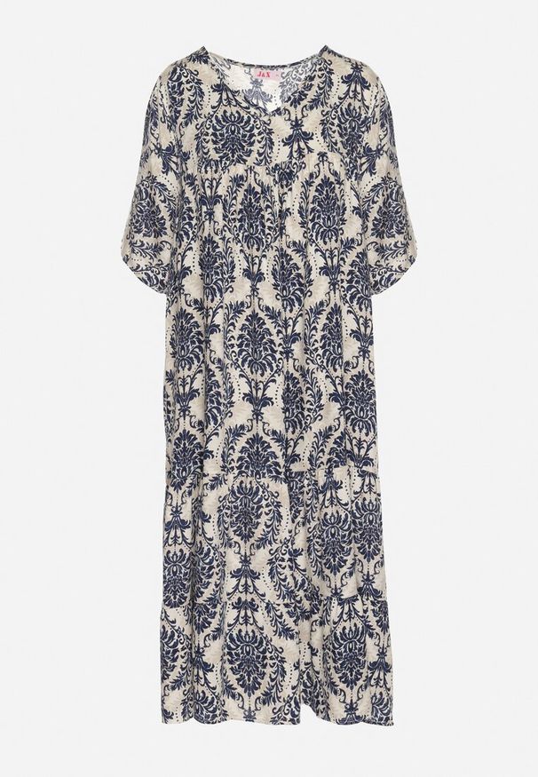 Born2be - Niebieska Sukienka z Bawełną w Abstrakcyjny Wzór Filindela. Okazja: na spacer, na co dzień. Kolor: niebieski. Materiał: bawełna. Wzór: aplikacja. Styl: elegancki, casual, klasyczny