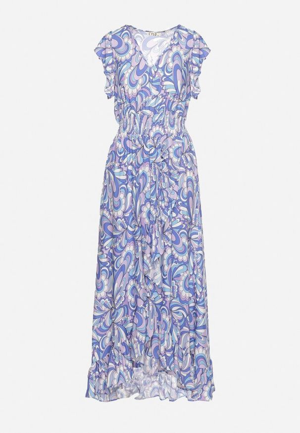 Born2be - Niebieska Asymetryczna Sukienka z Gumką w Pasie z Falbankami z Wiskozy Venimra. Typ kołnierza: kołnierz z falbankami. Kolor: niebieski. Materiał: wiskoza. Typ sukienki: asymetryczne