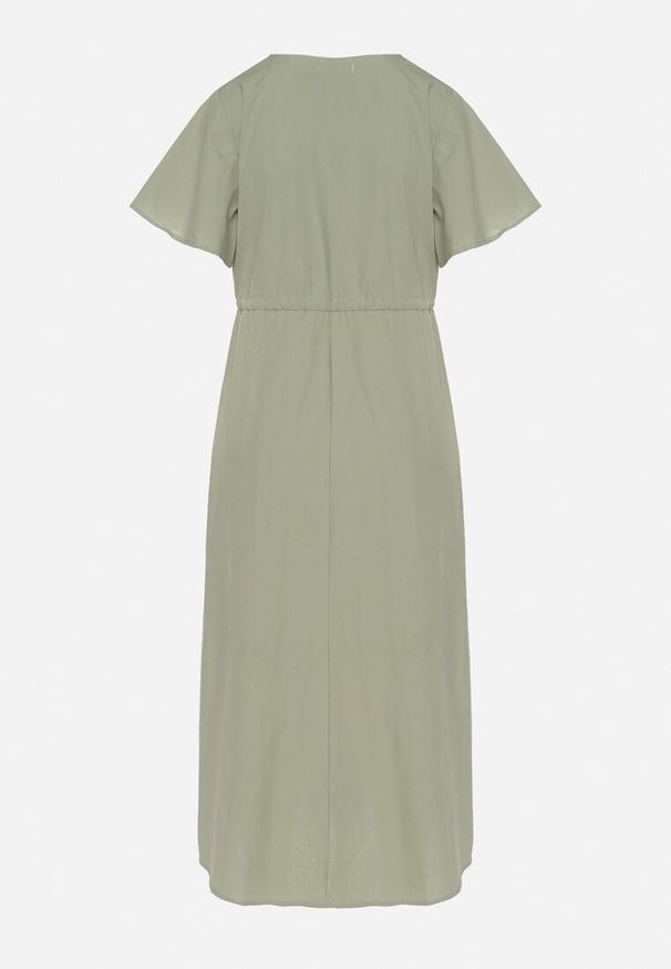 Born2be - Zielona Bawełniana Sukienka Boho o Rozkloszowanym Kroju z Haftem i Frędzlami Modixa. Okazja: na co dzień. Typ kołnierza: dekolt w serek. Kolor: zielony. Materiał: bawełna. Długość rękawa: krótki rękaw. Wzór: haft. Typ sukienki: rozkloszowane. Styl: boho