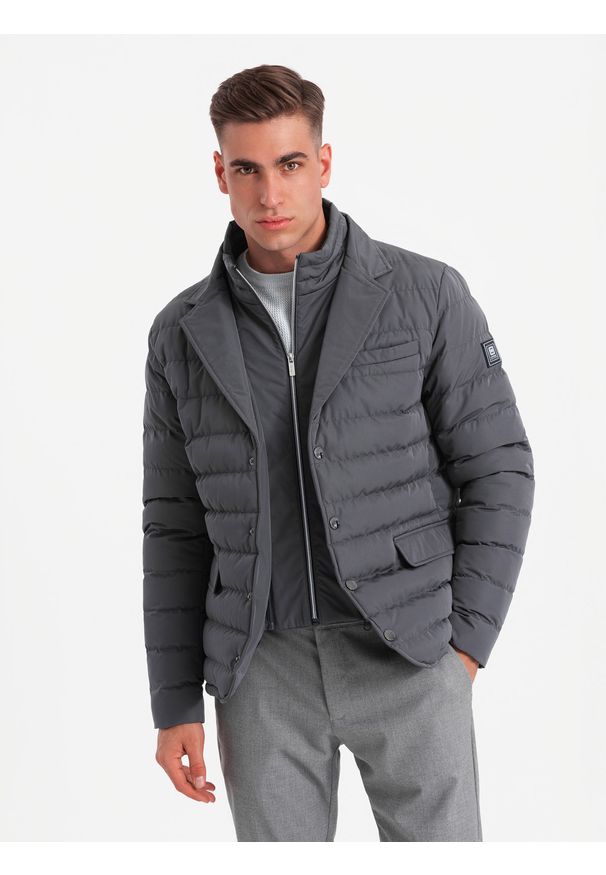 Ombre Clothing - Pikowana kurtka męska o kroju marynarki – grafitowa V2 - Rozmiar: L. Kolor: szary. Materiał: poliester, syntetyk, materiał, guma. Wzór: aplikacja. Styl: klasyczny, elegancki