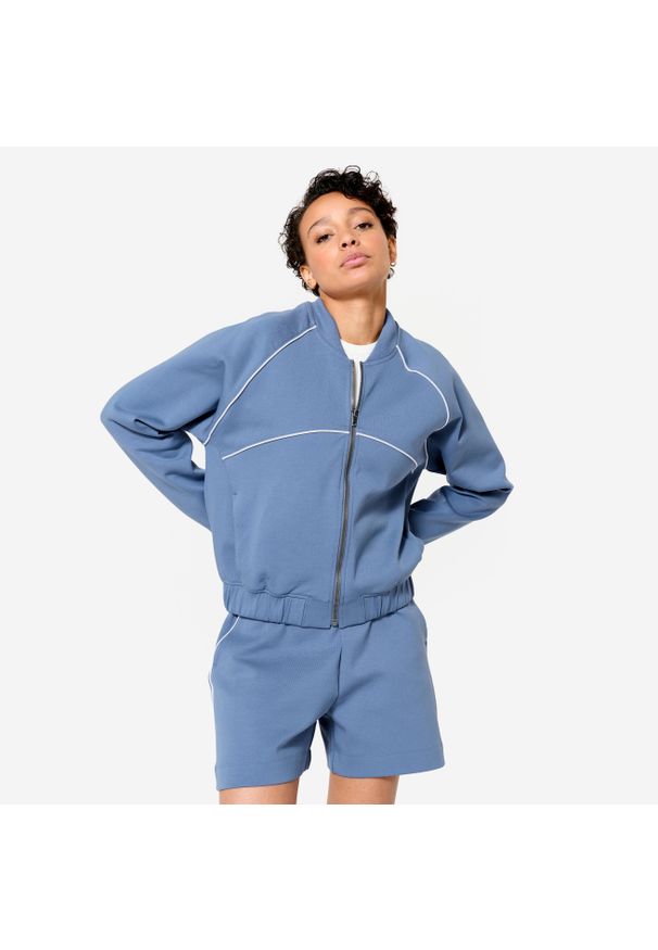 DOMYOS - Bluza fitness bomberka damska Domyos. Kolor: niebieski. Materiał: materiał, elastan, dzianina, bawełna. Sport: fitness
