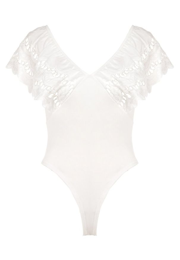 Born2be - Białe Body Artadina. Typ kołnierza: kołnierz z falbankami. Kolor: biały. Materiał: bawełna, dzianina. Długość rękawa: krótki rękaw. Długość: krótkie. Wzór: haft. Styl: elegancki