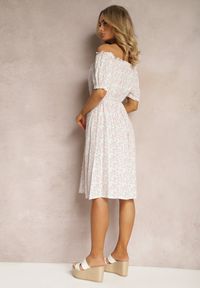 Renee - Biała Wiskozowa Sukienka Midi w Kwiatowy Wzór z Hiszpańskim Dekoltem Agirala. Kolor: biały. Materiał: wiskoza. Wzór: kwiaty. Długość: midi