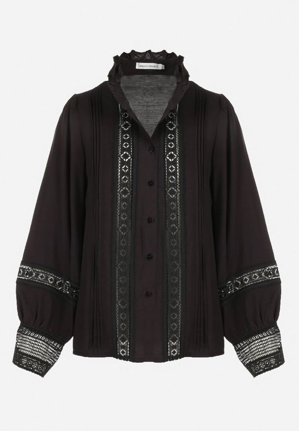 Born2be - Czarna Koszula ze Stójką i Koronką Argochis. Typ kołnierza: kołnierzyk stójkowy. Kolor: czarny. Materiał: koronka. Wzór: koronka