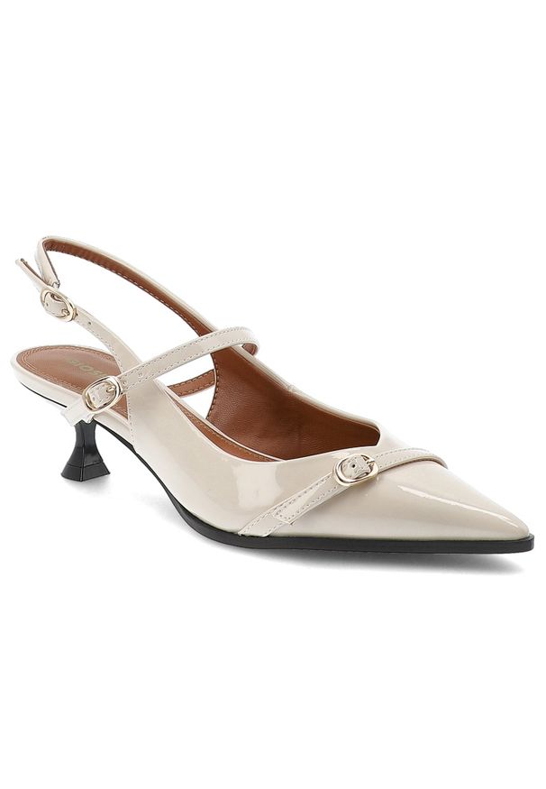 Hot Potatoes by Gioseppo - Czółenka damskie Gioseppo, skórzane z noskiem w szpic na szpilce eleganckie zapinane sprzączką, beżowe, Sabin-76190. Okazja: na co dzień. Zapięcie: sprzączka, pasek. Kolor: beżowy. Szerokość cholewki: normalna. Wzór: geometria, aplikacja, paski. Materiał: lakier, skóra. Obcas: na obcasie, na szpilce. Styl: elegancki. Wysokość obcasa: średni