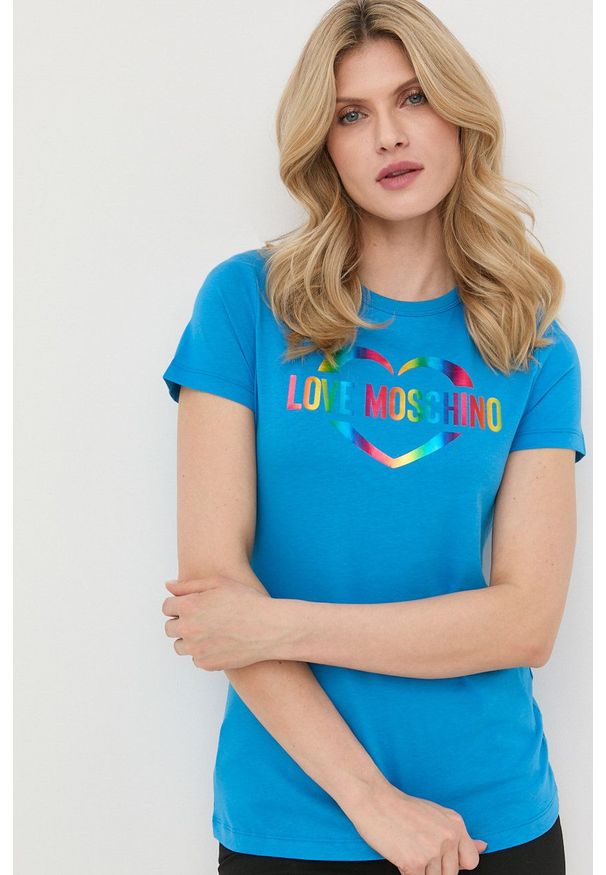 Love Moschino t-shirt bawełniany. Okazja: na co dzień. Kolor: niebieski. Materiał: bawełna. Wzór: nadruk. Styl: casual