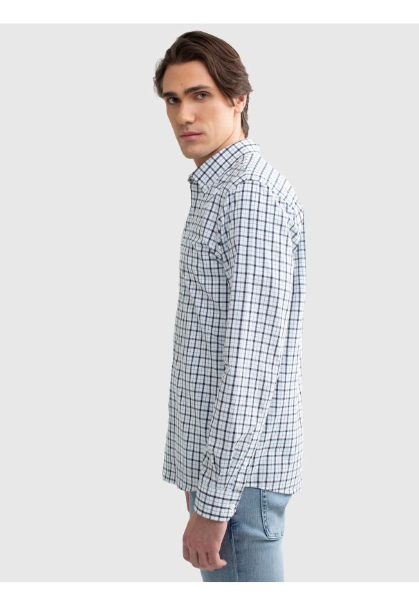 Big-Star - Koszula męska bawełniana w kratę niebieska Mesinoni 401. Okazja: na co dzień. Typ kołnierza: button down. Kolor: niebieski. Materiał: bawełna. Wzór: kratka, haft, gładki. Styl: klasyczny, elegancki, casual