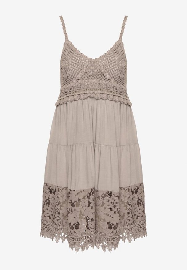 Born2be - Ciemnobeżowa Rozkloszowana Sukienka w Haftowany Wzór Mavironne. Okazja: na imprezę. Kolor: beżowy. Wzór: haft. Styl: elegancki