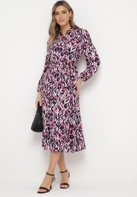 Born2be - Fuksjowa Koszulowa Sukienka Midi z Wiązanym Paskiem Evalyn. Kolor: różowy. Materiał: materiał. Długość rękawa: długi rękaw. Typ sukienki: koszulowe. Długość: midi #1