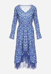 Born2be - Niebieska Asymetryczna Sukienka Midi Rozkloszowana z Siateczką Tivora. Kolor: niebieski. Typ sukienki: asymetryczne. Długość: midi