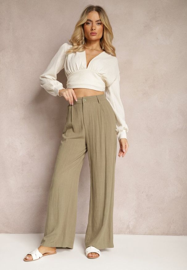 Renee - Ciemnozielone Szerokie Spodnie High Waist z Lnu i Wiskozy Apoises. Okazja: na co dzień. Stan: podwyższony. Kolor: zielony. Materiał: len, wiskoza. Długość: długie. Sezon: lato. Styl: elegancki, casual