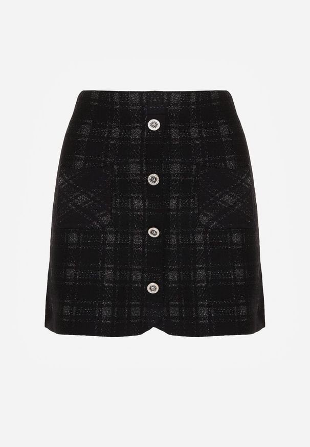 Born2be - Czarna Spódnica z Wiskozą Zdobiona Guzikami i Metaliczną Nicią Sewsela. Okazja: na co dzień. Kolor: czarny. Materiał: wiskoza. Wzór: aplikacja. Styl: klasyczny, casual, elegancki