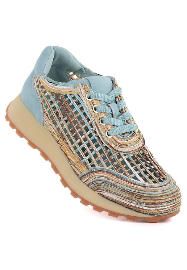 Półbuty damskie ażurowe błękitno beżowe Artiker 58C1289. Kolor: niebieski, beżowy, wielokolorowy. Materiał: tkanina. Wzór: ażurowy