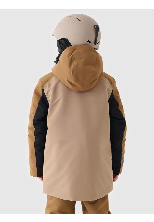 4f - 4F Kurtka snowboardowa membrana 10000 chłopięca - brązowa 146 (10-11 lat). Okazja: na co dzień. Typ kołnierza: kaptur. Kolor: brązowy. Materiał: materiał, tkanina, dzianina, poliester. Wzór: gładki. Sezon: lato, zima. Styl: sportowy, klasyczny, casual