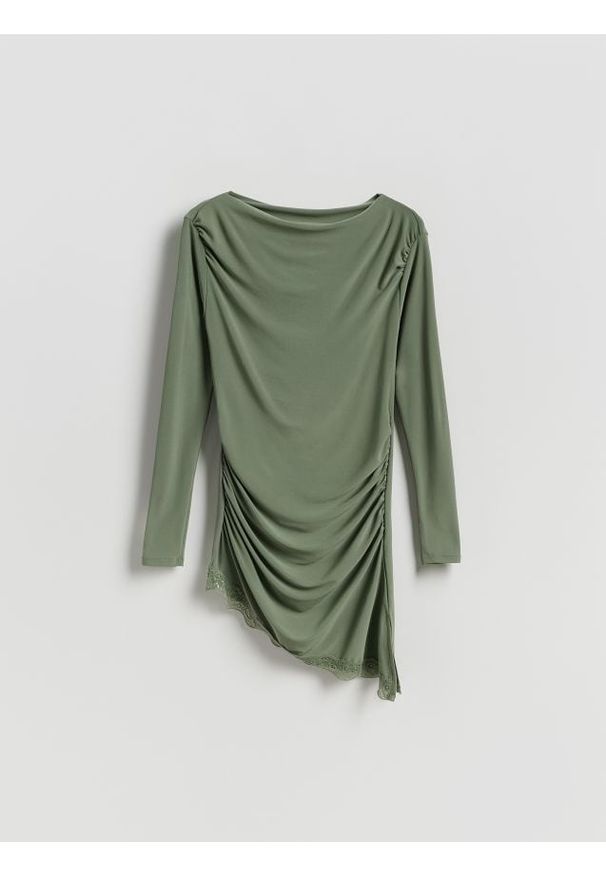 Reserved - Asymetryczna bluzka - oliwkowy. Kolor: oliwkowy. Materiał: dzianina. Wzór: gładki