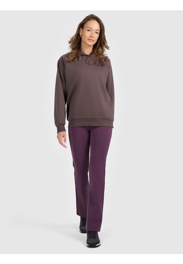 4f - 4F Bluza dresowa nierozpinana z kapturem damska - brązowa S. Okazja: na co dzień. Typ kołnierza: kaptur. Kolor: brązowy. Materiał: dresówka. Styl: klasyczny, casual, sportowy