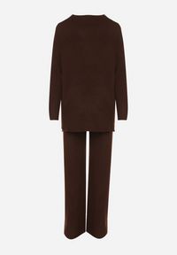 Born2be - Brązowy Dzianinowy Komplet z Bawełną i Wełną Długi Sweter i Szerokie Spodnie Reinesa. Kolor: brązowy. Materiał: wełna, bawełna, dzianina #3