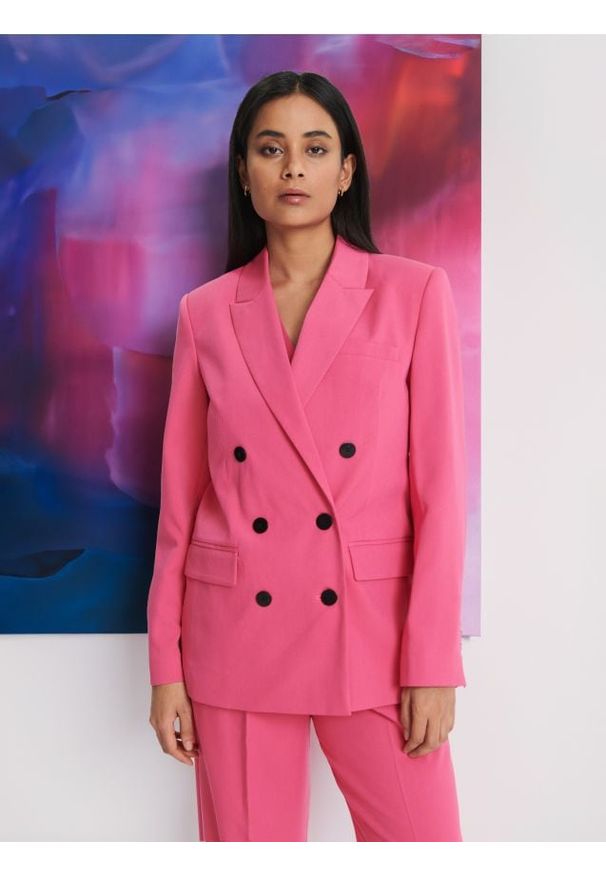 Sinsay - Marynarka dwurzędowa - różowy. Kolor: różowy. Materiał: materiał, włókno, wiskoza. Styl: elegancki, klasyczny