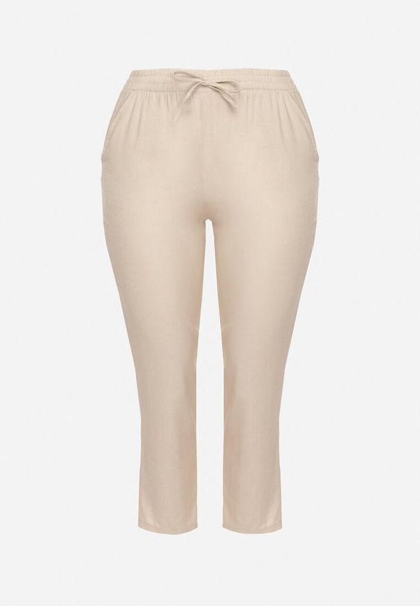 Born2be - Jasnobeżowe Spodnie z Lnem i Elastyczną Gumką w Pasie Nativena. Okazja: na co dzień. Kolekcja: plus size. Kolor: beżowy. Materiał: len. Styl: casual