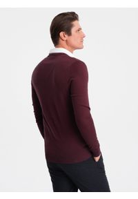 Ombre Clothing - Sweter męski z dekoltem "w serek" z koszulowym kołnierzykiem - bordowy V8 OM-SWSW-0102 - XXL. Typ kołnierza: dekolt w serek, kołnierzyk koszulowy. Kolor: czerwony. Materiał: materiał, bawełna, nylon. Styl: klasyczny #3