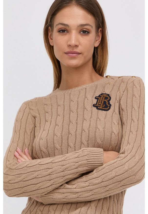 Lauren Ralph Lauren - Sweter bawełniany. Okazja: na co dzień. Kolor: beżowy. Materiał: bawełna. Długość rękawa: długi rękaw. Długość: krótkie. Wzór: ze splotem. Styl: casual