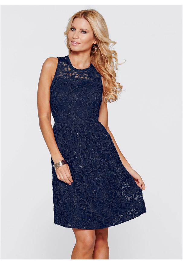 bonprix - Sukienka koronkowa z cekinami. Kolor: niebieski. Materiał: koronka. Długość rękawa: bez rękawów. Styl: elegancki