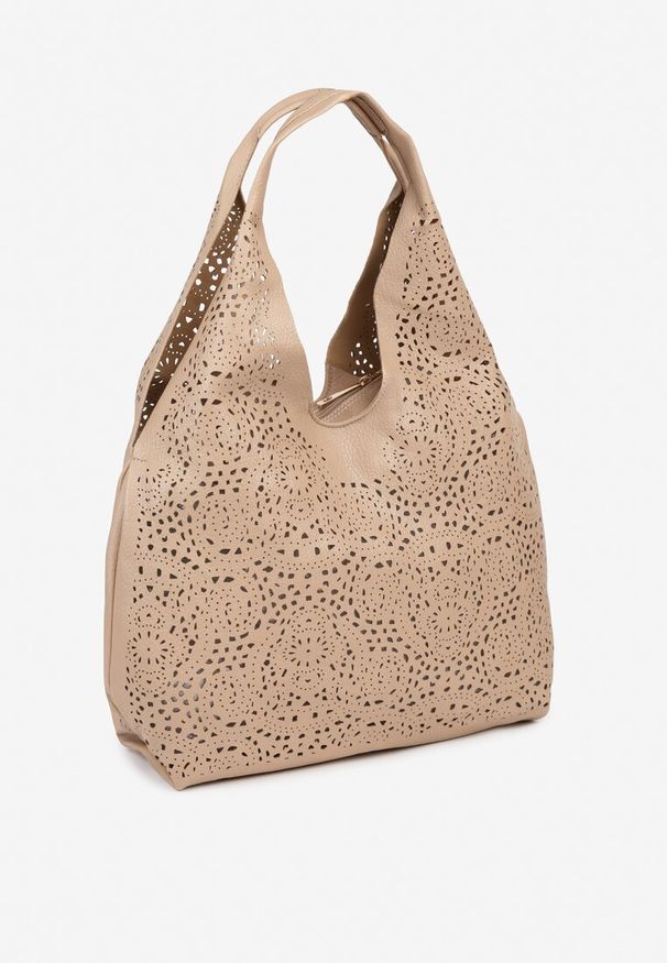 Born2be - Ciemnobeżowa Ażurowa Torebka Hobo z Dodatkową Saszetką Frosira. Kolor: beżowy. Wzór: ażurowy. Materiał: zdobione. Styl: elegancki, klasyczny, casual