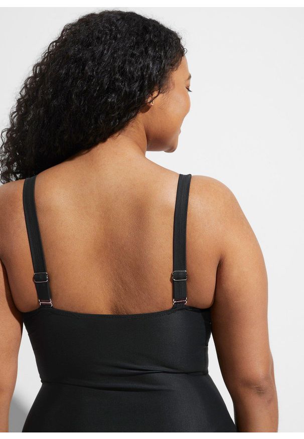 bonprix - Modelujący kostium kąpielowy z kopertowym dekoltem, średni stopień modelowania sylwetki. Kolor: czarny. Materiał: materiał