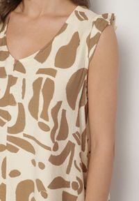 Born2be - Beżowa Sukienka o Rozkloszowanym Kroju z Dekoltem w Serek w Abstrakcyjny Wzór Mevondra. Okazja: na co dzień. Typ kołnierza: dekolt w serek. Kolor: beżowy. Materiał: skóra, jeans. Długość rękawa: bez rękawów. Styl: casual, elegancki #7