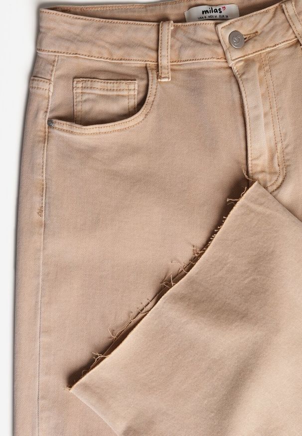 Renee - Beżowe Jeansy High Waist Wide Leg z Surowo Zakończonymi Nogawkami Rhelnell. Okazja: na co dzień. Stan: podwyższony. Kolor: beżowy. Styl: casual