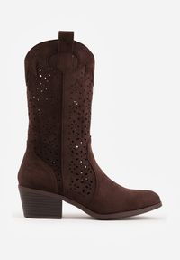 Born2be - Brązowe Ażurowe Botki na Obcasie w Stylu Kowbojek Lissemi. Okazja: na co dzień. Kolor: brązowy. Materiał: skóra, jeans. Wzór: ażurowy. Sezon: wiosna, jesień. Obcas: na obcasie. Styl: casual, elegancki. Wysokość obcasa: średni #3