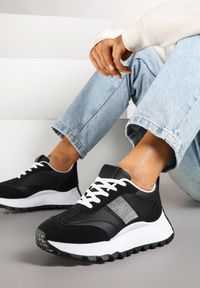 Born2be - Czarne Sneakersy na Grubej Podeszwie Ozdobione Cyrkoniami Fenorelis. Okazja: na co dzień. Zapięcie: sznurówki. Kolor: czarny. Materiał: jeans. Wzór: aplikacja #6