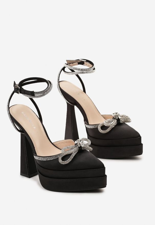 Born2be - Czarne Sandały na Wysokiej Szpilce i Platformie z Cyrkoniami i Odkrytą Piętą Keirra. Kolor: czarny. Obcas: na platformie