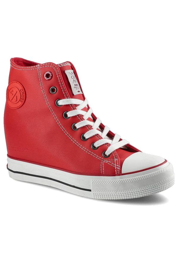 Czerwone Sneakersy Cross Jeans Damskie Modne Buty. Kolor: czerwony. Materiał: materiał, skóra ekologiczna. Szerokość cholewki: normalna. Obcas: na koturnie