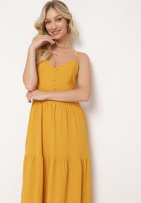 Born2be - Żółta Sukienka na Regulowanych Ramiączkach z Gumką w Pasie Ebisina. Kolor: żółty. Materiał: tkanina. Długość rękawa: na ramiączkach. Sezon: lato #4
