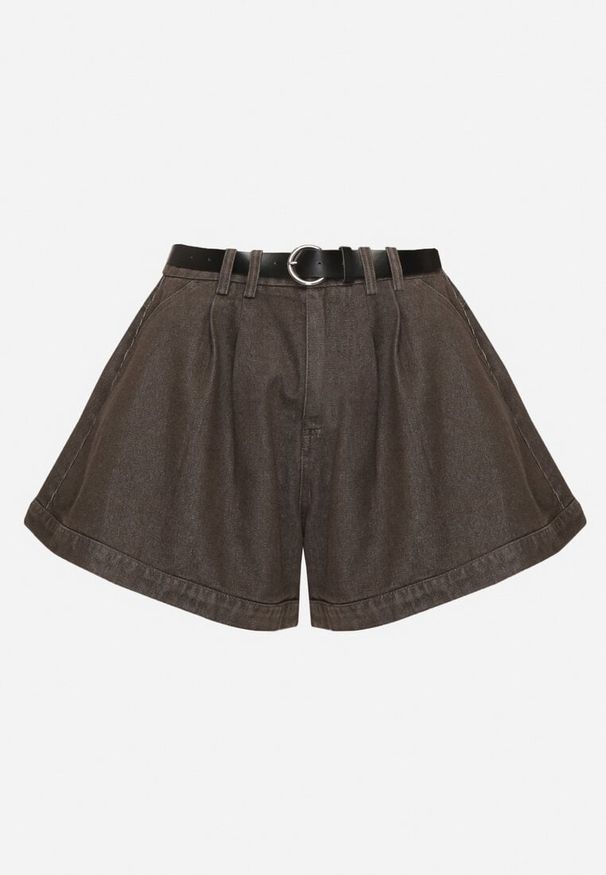 Born2be - Brązowe Bawełniane Szorty z Wysokim Stanem i Paskiem Devne. Okazja: na co dzień. Stan: podwyższony. Kolor: brązowy. Materiał: bawełna. Styl: casual