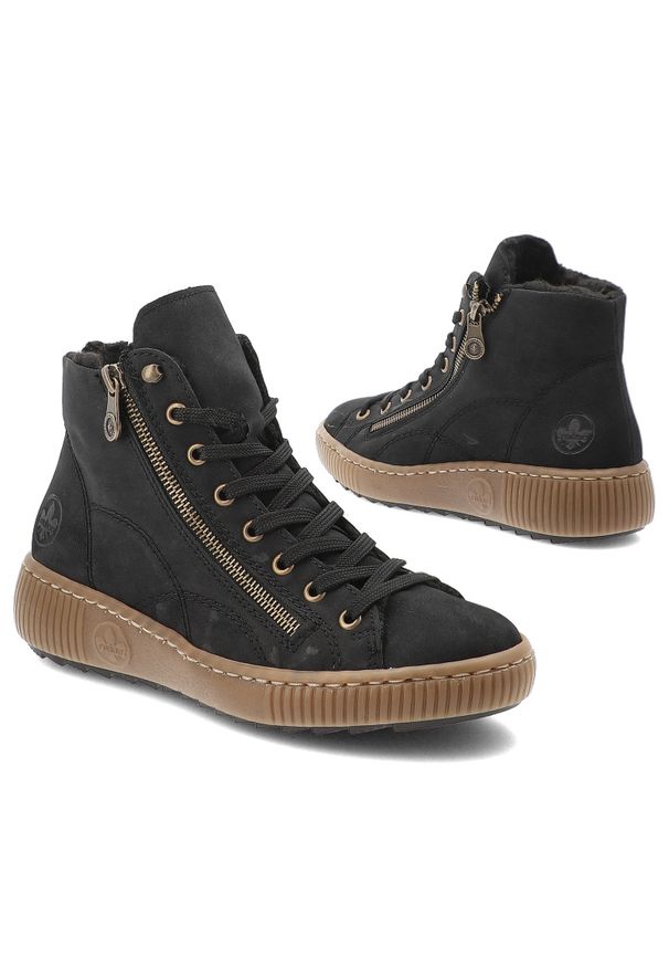 Botki damskie Rieker, futerko wewnątrz i płaska podeszwa z tworzywa, czarne, Z6610-00. Okazja: na co dzień. Zapięcie: sznurówki. Kolor: czarny. Materiał: futro. Szerokość cholewki: normalna. Obcas: na płaskiej podeszwie. Styl: casual