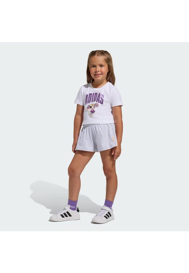 Zestaw Adidas Disney Myszka Minnie. Okazja: na uczelnię. Kolor: pomarańczowy, biały, wielokolorowy. Materiał: dresówka, materiał. Wzór: motyw z bajki. Styl: sportowy