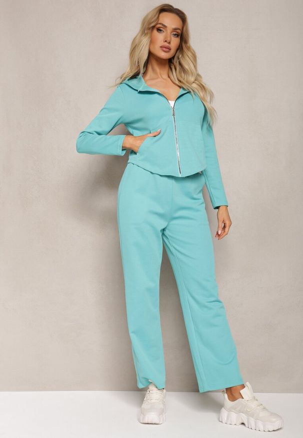 Renee - Niebieski Komplet Dresowy Bluza Rozpinana z Kapturem i Luźne Spodnie Nannoe. Kolor: zielony. Materiał: dresówka. Sport: turystyka piesza, fitness