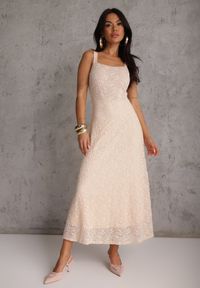 Renee - Beżowa Koronkowa Koktajlowa Sukienka o Taliowanym Kroju Ianra. Kolor: beżowy. Materiał: koronka. Długość rękawa: na ramiączkach. Wzór: koronka. Styl: wizytowy. Długość: mini #2