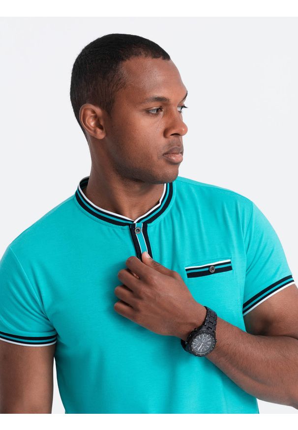 Ombre Clothing - T-shirt męski henley ozdobnymi ściągaczami - turkusowy V7 - Rozmiar: S. Okazja: na co dzień. Typ kołnierza: typu henley. Kolor: turkusowy. Materiał: elastan, materiał, poliester, żakard, wiskoza, jedwab. Wzór: kolorowy, paski, aplikacja. Styl: casual, klasyczny