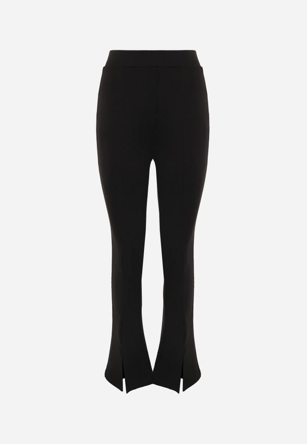 Renee - Czarne Spodnie Flare z Rozcięciem przy Nogawce Hekenia. Okazja: na spacer. Stan: podwyższony. Kolor: czarny. Materiał: dzianina, wiskoza, bawełna. Styl: klasyczny, elegancki