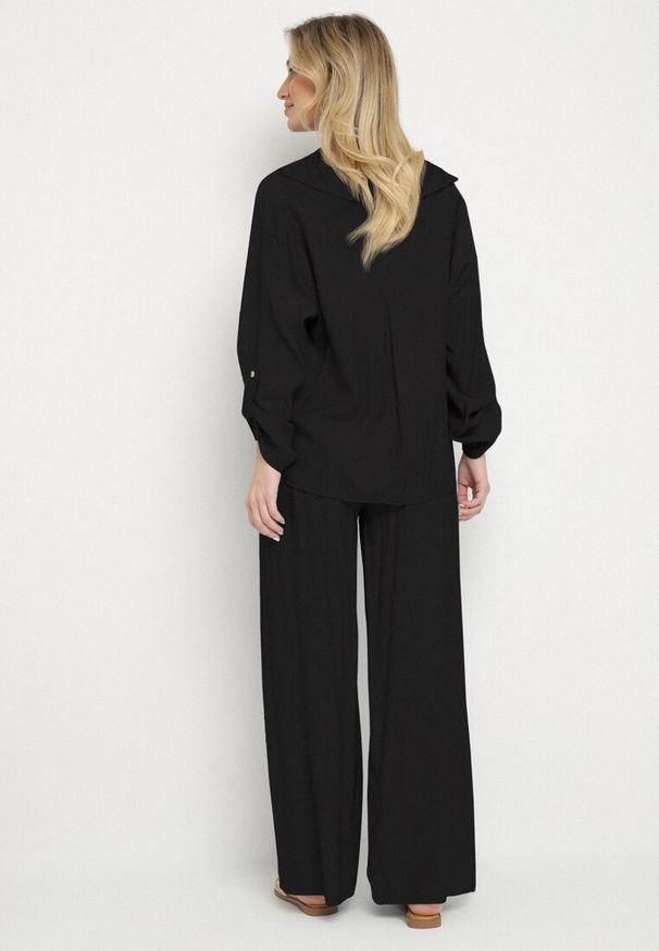 Born2be - Czarny Wiskozowy Komplet Oversize Koszula i Spodnie z Gumką w Talii Natilira. Kolor: czarny. Materiał: wiskoza