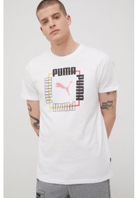 Puma t-shirt bawełniany kolor biały z nadrukiem. Kolor: biały. Materiał: bawełna. Wzór: nadruk