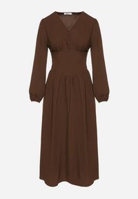 Born2be - Brązowa Sukienka z Wiskozą z Gorsetową Talią i Bufiastymi Rękawami Aniste. Okazja: na co dzień. Typ kołnierza: dekolt gorset. Kolor: brązowy. Materiał: wiskoza. Typ sukienki: gorsetowe. Styl: wizytowy, sportowy, casual, elegancki #2