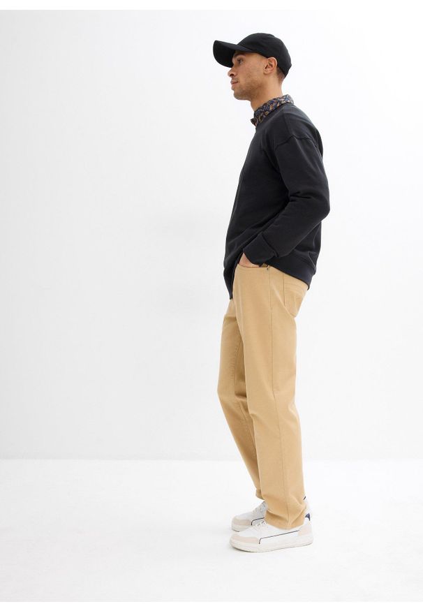 bonprix - Spodnie ze stretchem, classic fit, prosta nogawka. Stan: podwyższony. Kolor: beżowy