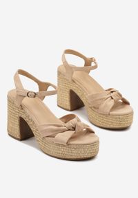 Renee - Beżowe Sandały w Stylu Boho z Ozdobnym Węzłem Nevian. Okazja: na co dzień, na imprezę, na spacer. Kolor: beżowy. Materiał: jeans. Sezon: lato. Obcas: na obcasie. Styl: boho. Wysokość obcasa: średni #3