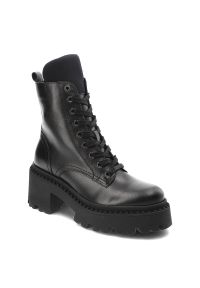 CheBello - Czarne Botki Chebello Stylowe Obuwie Damskie. Wysokość cholewki: przed kolano. Kolor: czarny. Materiał: skóra, materiał. Szerokość cholewki: normalna. Styl: elegancki